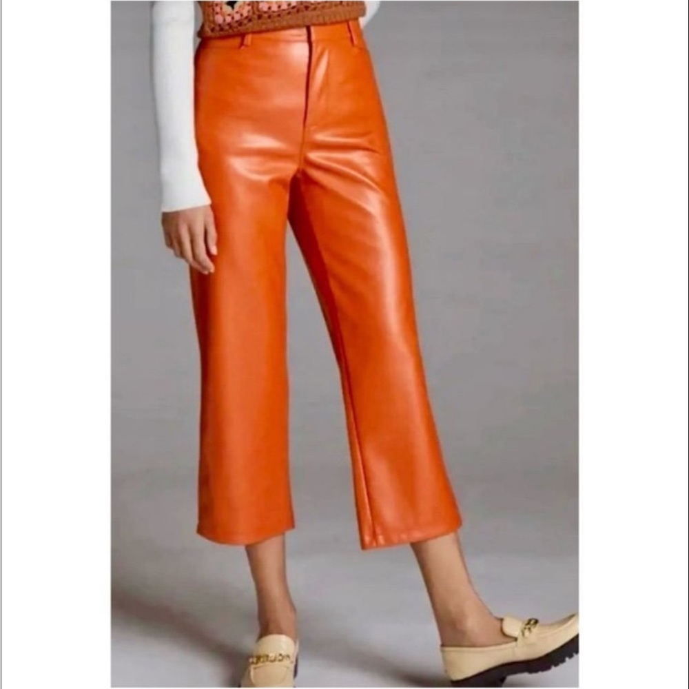 NWT Anthropologie Avec Les Filles Orange Faux Leather Cropped Wide-Leg Pants